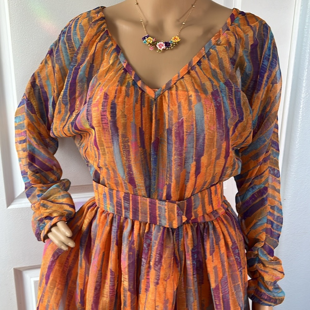 Vtg 60s 70s fabulous watercolor sheer overlay orange purple dress S